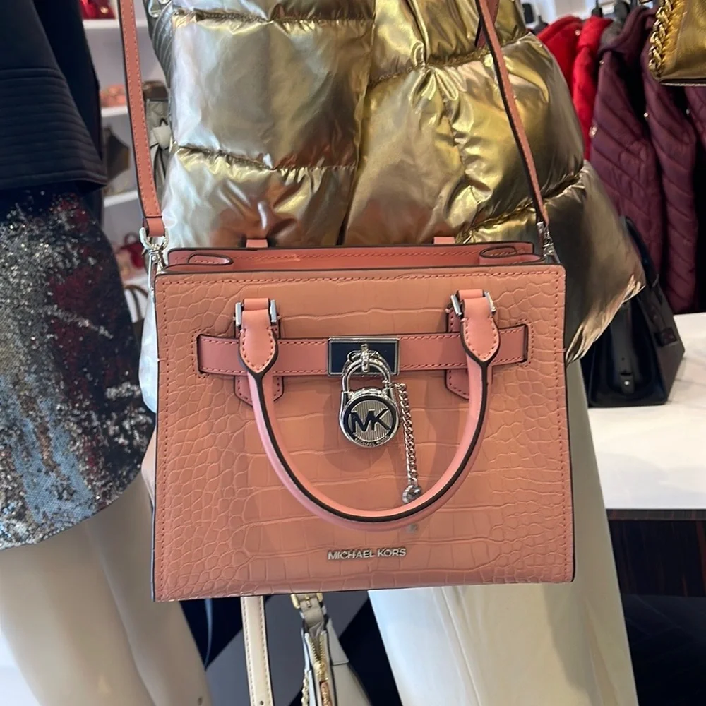 MICHAEL KORS Hamilton Small Crocodile Embossed Faux Leather Satchel Primrose NWT